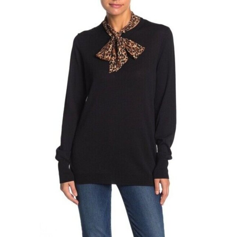 14th & Union Pullover Leopard Print Scraf Neck Tie Black Knit Sweater SZ SP NWT